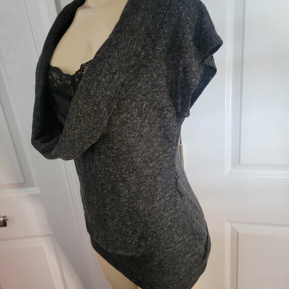 Almost Famous Women's Grey Cowl Neck Lace Insert Short Sleeve Sweater - Picture 7 of 13